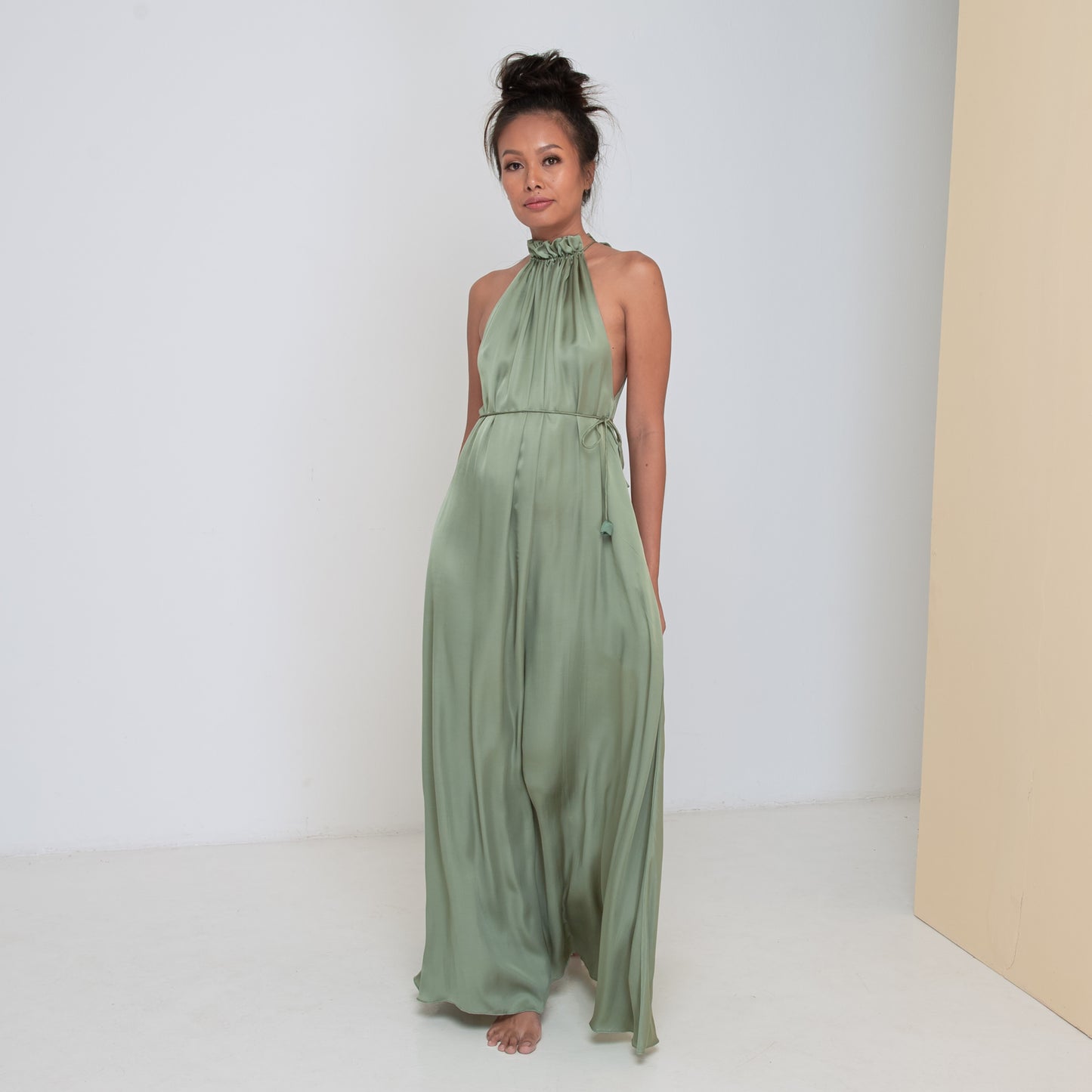 STREAM LONG HALTER DRESS - Rayon Viscose Satin | Light Olive Green