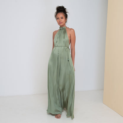 STREAM LONG HALTER DRESS - Rayon Viscose Satin