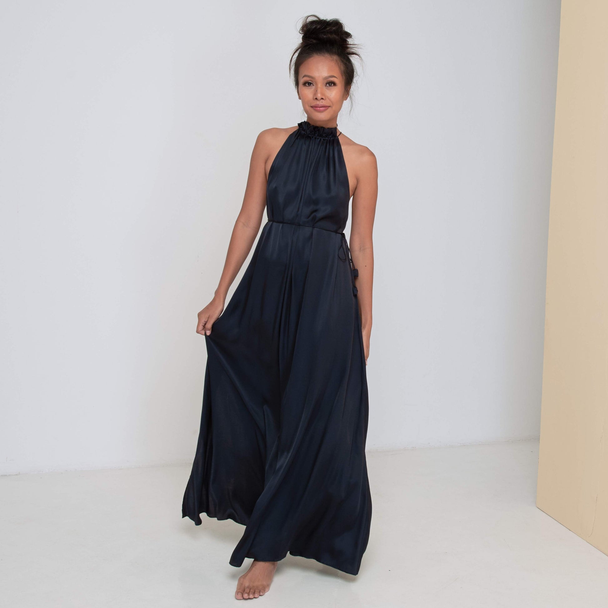 blue viscose dress Blue Viscose Satin Draped Midi Dress