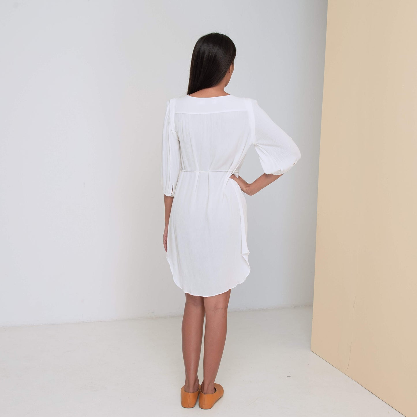 TRANSIT 3/4 SLEEVE DRESS - Crinkled Rayon | Off White