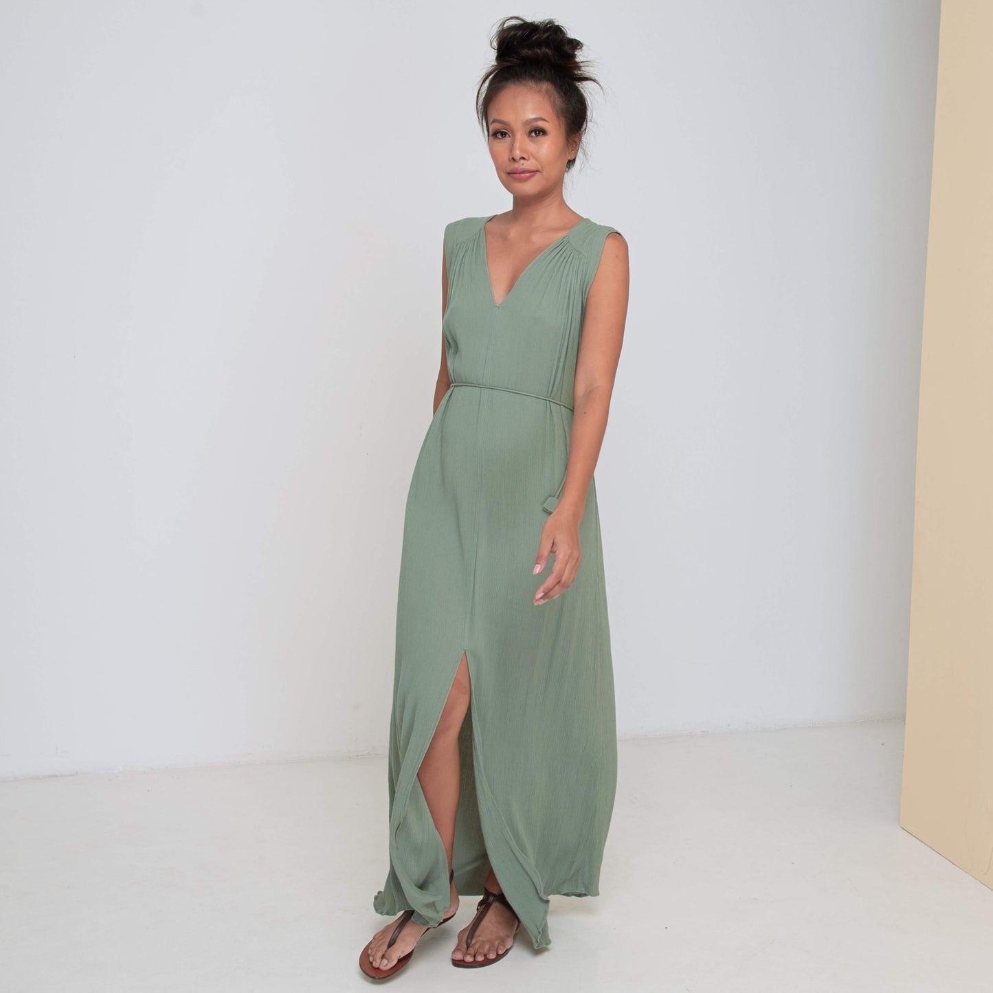 TRANSIT SLEEVELESS LONG DRESS - Crinkled Rayon | Light Olive Green Daun & Co. TRANSIT SLEEVELESS LONG DRESS - Crinkled Rayon | Light Olive Green Daun & Co.