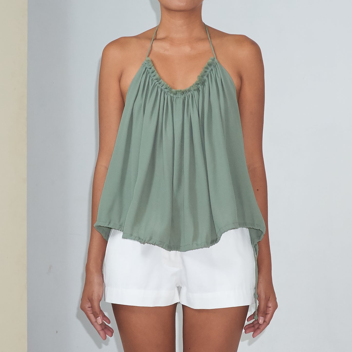 RUSH HALTER TOP - Rayon Fujette Crepe | Light Olive Green